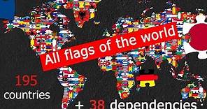 Flags of all 195 countries in the world + 38 dependencies and other territories.