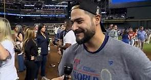 Rangers pitcher Martin Perez reacts to winning the World Series on his second stint with the team