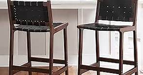 LUE BONA Counter Height Bar Stools 24inch, Set of 2 Faux Leather Woven Counter Stool with Backs, Woven Strips Rattan Barstools with Wood Legs for Dining Room Home Kitchen, Black