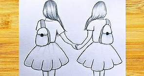 How to draw best friends holding hands / Easy drawings for beginners