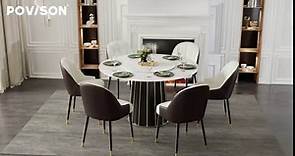 POVISON Modern Round Marble Dining Table with White Table Turntable, Black and Gold Leg, for Kitchen and Dining Room