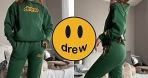 Drew House unboxing, try on, sizing (hoodie and sweatpants in forest green) sizes xs-medium