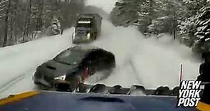 VIDEO: Speeding driver crashes directly into plow while trying to pass a semi on snowy NY road
