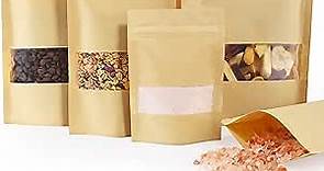 FireKylin 100 Pcs Kraft Paper Bags with Window, 3.5" x 5.5" Stand Up Pouches Bags, Zip Lock Food Storage Bags for Packaging Products, Reusable, Sealable