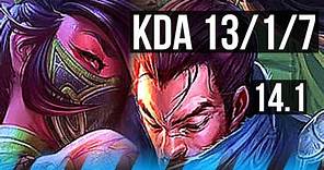 AKALI vs YASUO (MID) | 13/1/7, Legendary, 300+ games | KR Master | 14.1