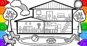Coloring house with swimming pool colouring page, learn colors coloring and how to draw for kids