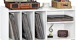 Lerliuo Record Player Stand with 4 Cabinet Holds Up to 220 Albums, Large Turntable Stand with Beech Wood Legs, Mid-Century Record Player Table,White Vinyl Holder Storage Shelf for Bedroom Living Room