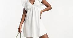 Miss Selfridge smock mini dress with frill sleeve in white | ASOS
