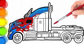 How to Draw and Color Transformers Optimus Prime Trailer Truck | Kids Learn Colors