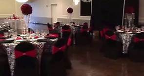 Wedding Reception at St Demetrios cathedral Hall Black and White Damask with Red and Silver accents