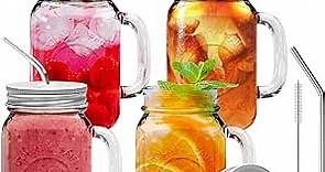 brimley 16oz Glass Mason Jar Set of 4 with Lid and Straw - Mason Jars with Handle for Cold Drinks - Glass Mason Jars with Metal Mason Jar Lids with Stainless Steel Straws and Straw Hole
