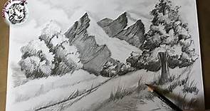 Cómo Dibujar un paisaje de Montañas y árboles, con Lápiz Paso a Paso