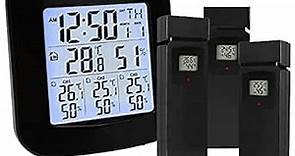 Digital Weather Station with Thermometer and Hygrometer, with 3 Indoor/Outdoor Wireless Sensors with Alarm Clock for Temperature and Humidity Measurement, Low Battery for Black LED on LCD Display