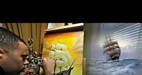 Video de arte de atardecer y un barco antiguo pintura al óleo artista Jose Caraballo sigue no para más video como este🖼️#art #oleo #painting #mural #arte