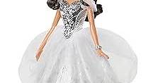 Barbie Signature 2021 Holiday Doll (12-inch, Brunette Hair) in Silver Gown, with Doll Stand and Certificate of Authenticity, Gift for 6 Year Olds and Up