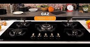 Plaque de cuisson gaz 5 feux encastrable, verre noir, Beldeko, Foyer double couronne TG5V-127