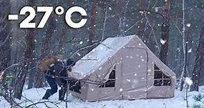 -27° Winter Camping With a Heated Tent - Snowfall and Frost | ASMR