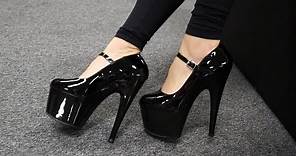Review Try Out Pleaser ADORE-787 Black Shiny 7 Inch High Heel Mary Jane Shoes Unboxing By Catie