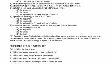 chemistry light problems worksheet key