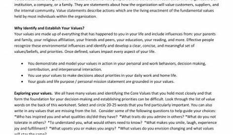 identifying core values worksheets