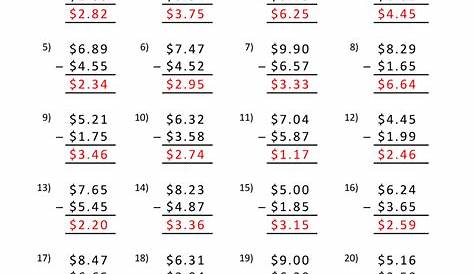grade 6 subtraction worksheet subtracting money - money subtraction