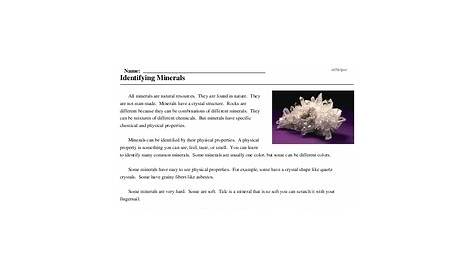 Identifying Minerals - Reading Comprehension Worksheet | edHelper