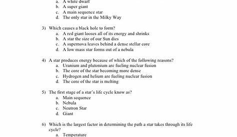Life Cycles Of Stars Work Sheet with Answers