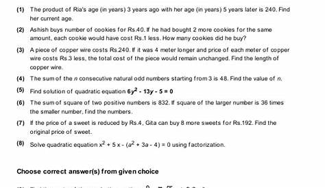 Year 10 - Quadratic Equations | Math Practice, Questions, Tests