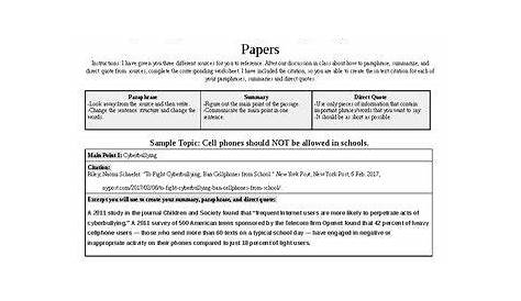 Paraphrases, Summaries, and Direct Quotes In Research Papers--Worksheet