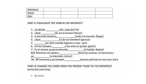 the imperfect tense in spanish worksheets answer key