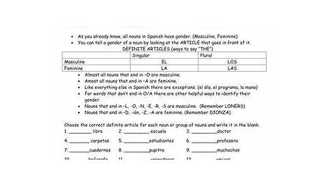 Answer Definite And Indefinite Articles Spanish Worksheet - worksheet