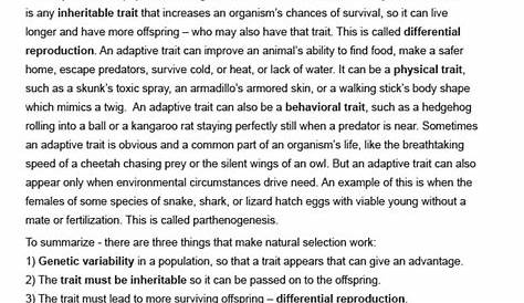 natural selection and adaptation worksheet
