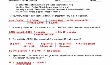molarity worksheet answers chemistry