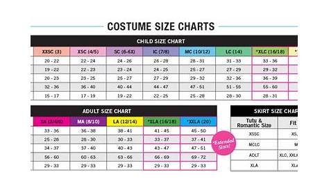 weissman costume size chart