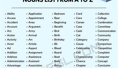 list of nouns kindergarten
