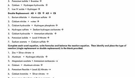 12 Best Images of Types Of Chemical Reactions Worksheet Answers