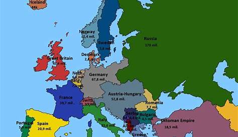 Map of Europe 1914 showing showing countries population (without