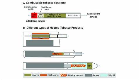 | Temperature zones in a combustible cigarette (A) in comparison to