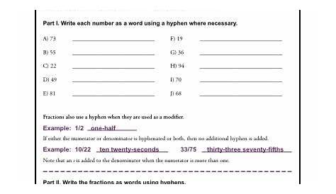 Hyphens and Numbers - Reading Worksheets, Spelling, Grammar