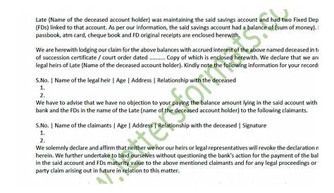 Draft Letter to Bank for Claim Settlement of a Deceased Account
