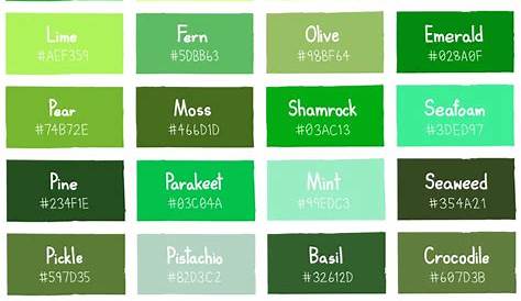 34 Shades of Green Color with Names and HTML, Hex, RGB Codes | Green color names, Shades of