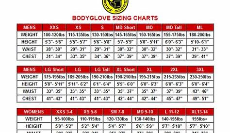 body glove size chart