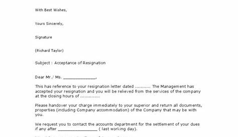 letter of resignation acceptance sample