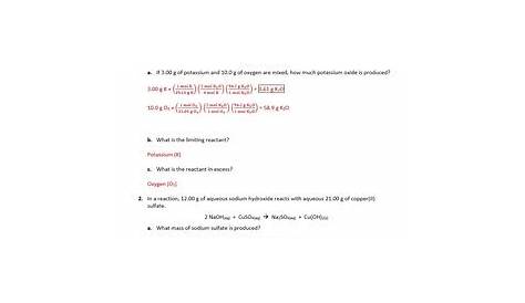 limiting reactant worksheet answers