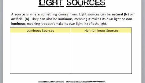 sources of light worksheet pdf