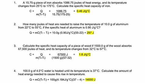 calculating specific heat worksheet
