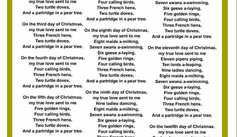 printable lyrics to 12 days of christmas