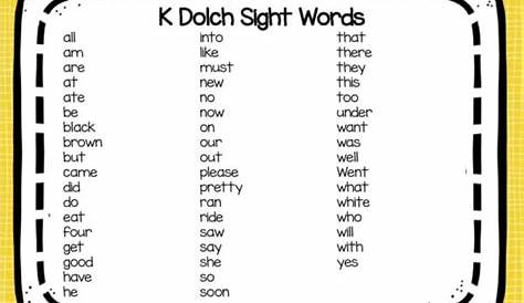sight words list kindergarten printables