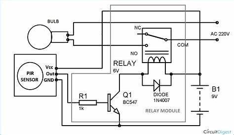 Automatic Room Lights using PIR Sensor and Relay: Circuit Diagram