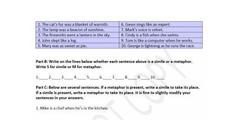 metaphors and similes worksheet
